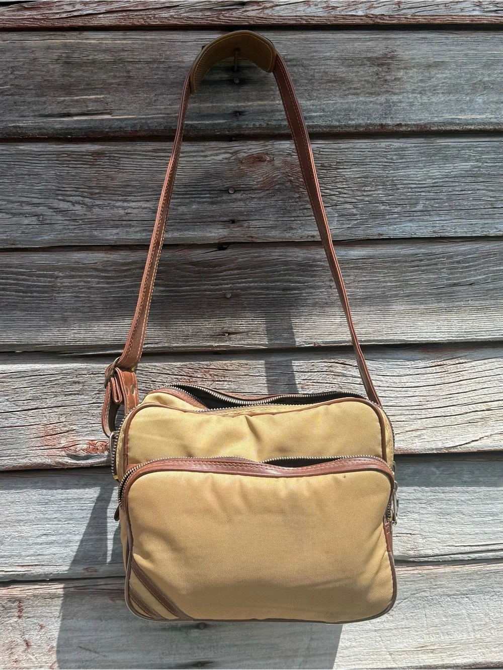 Canvas Travel Messenger Camera Bag, Tan and Brown, zippered, vintage retro